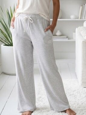 Cream Yoga Light Gray Wide-Leg Waffle Thermal Lounge Pants with Drawstring